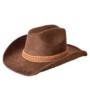 Classic brown suede western cowboy hat with woven band for men and women vintage jazz fedora.