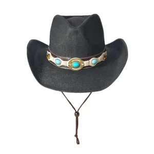 Chapeau de cowboy occidental en paille noire avec bande de pierres et lanière