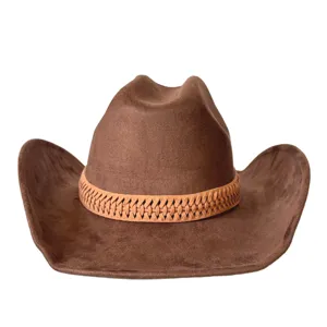 Classic brown suede western cowboy hat with woven band detail, stylish retro jazz hat.