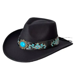 Chapeau de cowboy western en feutre noir avec broderie turquoise et boucle métallique.