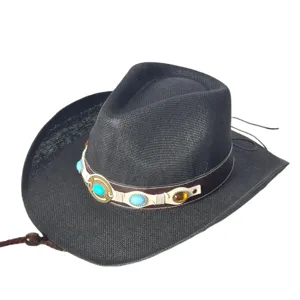 Chapeau de cowboy occidental tissé vintage avec bande de pierre décorative pour l'été.