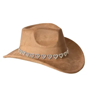 Unisex brown suede cowboy hat with sparkling rhinestone heart chain for party and daily wear.
