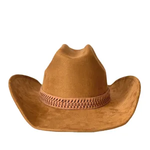 Detailed view of brown faux suede western cowboy hat with braided band, vintage jazz cap style.
