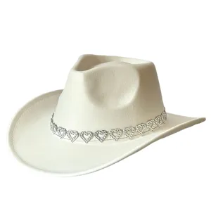White suede cowboy hat featuring a sparkling rhinestone heart chain band for party & jazz