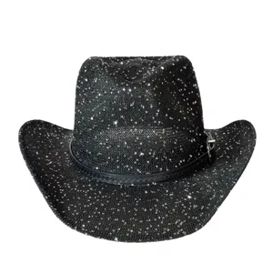 Cappello da cowboy con paillettes nere fedora occidentale cappello da sole unisex stile rétro