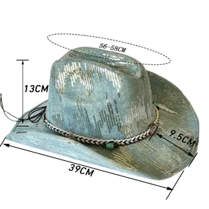 Sequins western cowboy hat with braided band, stylish wide brim fashion headwear 56-58cm