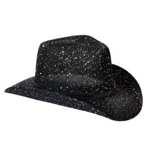 Dettaglio cappello cowboy paillettes nere, trama brillante, mesh traspirante, stile festa.