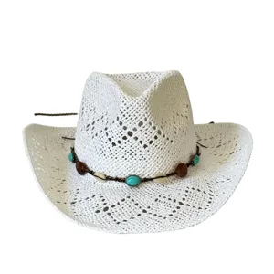 White bohemian hollow straw cowboy hat with turquoise beads and seashell summer beach sun hat