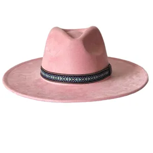 Chapeau fedora en suédine rose avec bandeau à motif ethnique chapeau de jazz classique