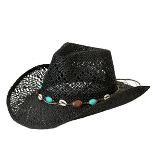 Bohemian hollow out straw cowboy hat with turquoise beads, perfect for summer beach vacation.