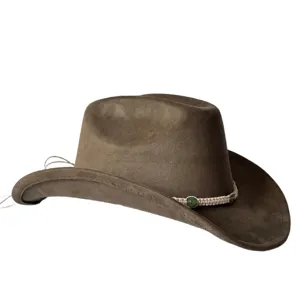 Cappello da cowboy western in camoscio marrone con tesa larga rialzata e fascia intrecciata.
