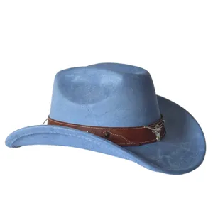 Cappello da cowboy occidentale in camoscio blu retrò con fascia in pelle e teschio.