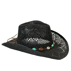 Close-up of black woven straw cowboy hat with turquoise stone and seashell decorative band