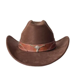 Cappello da cowboy western in camoscio marrone vintage con decorazione testa di toro tesa larga