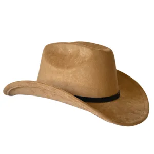 Cappello da cowboy western in camoscio marrone, tesa larga rialzata, dettaglio jazz.