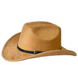 Dettaglio del cappello da cowboy marrone in camoscio con fascia nera decorata e fibbia in metallo.
