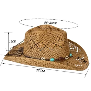 Bohemian hollow-out cowboy hat with turquoise beads and shells, perfect for summer beach vacation.