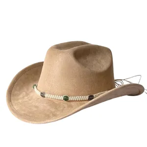Cappello da cowboy western in pelle scamosciata vintage con corda e pietre verdi elegante.