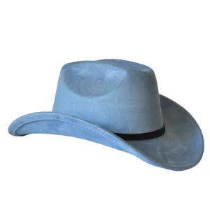 Vista dettagliata del cappello da cowboy in pelle scamosciata azzurra con tesa e fascia nera.