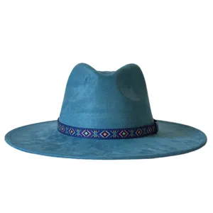 Blauwe suède fedora hoed met etnische band, brede rand jazz hoed voor mannen en vrouwen.