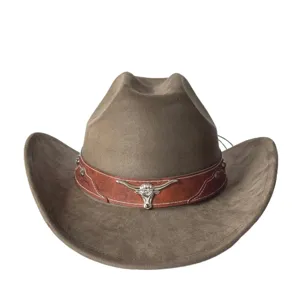 Cappello da cowboy western in camoscio marrone vintage con stemma di teschio di tulo.