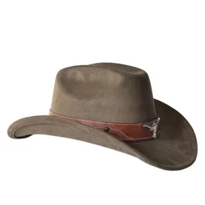 Cappello da cowboy occidentale marrone vintage in camoscio con fascia in pelle e teschio d'toro.