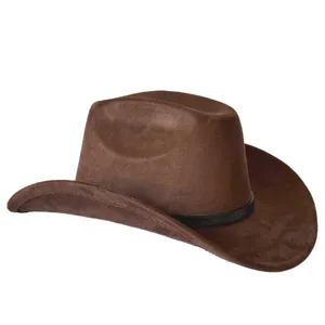 Cappello da cowboy western in camoscio marrone, fedora a tesa larga per uomo e donna.