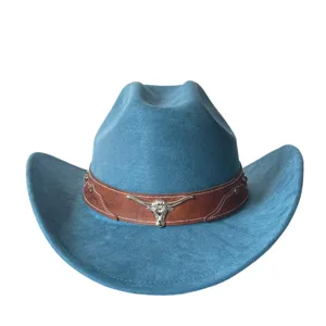 Cappello da cowboy western in camoscio blu con fascia in pelle marrone e decoro teschio di toro