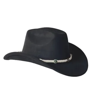 Vista dettagliata di un cappello da cowboy western in pelle scamosciata nera con fascia.
