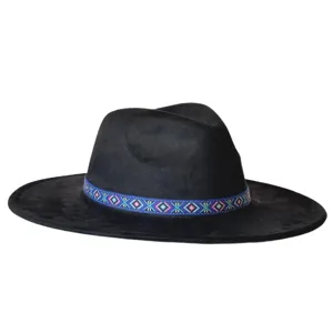 Vintage etnische stijl zwarte suède fedora hoed met kleurrijke geweven band jazzpet.