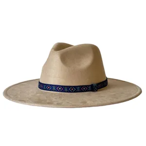 Vintage suède fedora hoed met brede rand en etnische geometrische geweven band