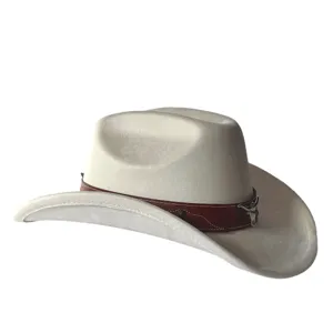 Cappello da cowboy occidentale in camoscio vintage con decoro a testa di toro, tesa larga