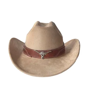 Cappello da cowboy occidentale in camoscio vintage con testa di toro, tesa larga.