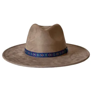 Stijlvolle retro suade fedora hoed met brede rand en etnische band voor dames en heren.