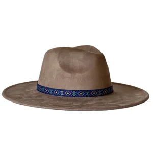 Retro etnische stijl suède fedora hoed met brede rand en geometrische geweven band uniseks