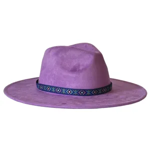 Paarse brede rand fedora hoed met etnisch patroon band stijlvolle vilt jazz hoed voor dagelijks