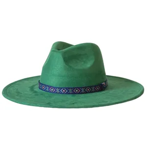 Groene retro fedora hoed met etnische patroon band, brede rand wolvilt jazz hoed voor dames en heren