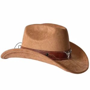 Cappello da cowboy occidentale in pelle scamosciata rétro con testa di toro, 56-58cm.