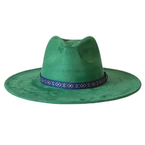 Groene suède fedora hoed met etnische band brede rand vintage jazz hoed voor heren en dames