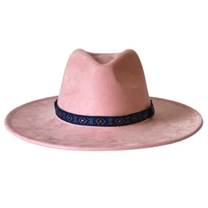 Roze suèdefinie fedora hoed met etnische band brede rand jazz hoed voor dames heren