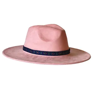 Roze suède fedora hoed met etnische band, breedgerande vintage jazz hoed voor dames en heren.