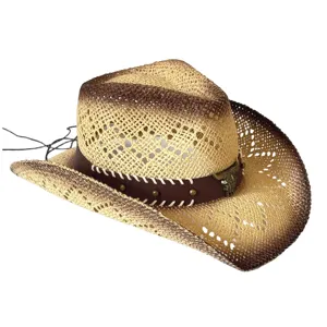 Vintage straw cowboy hat with cutout design and bull skull decor for summer outdoor.
