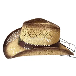 Retro western cowboy straw hat detail with metal bull head decor and breathable design.