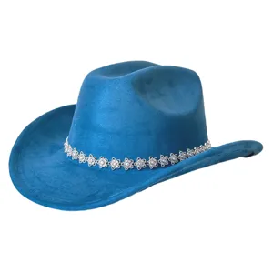 Cappello da Cowboy Occidentale in Finta Pelle Scamosciata Ala Larga Fedora Strass Fiore Catena Decorato Festa Musica Festival Cappello per Uomo Donna