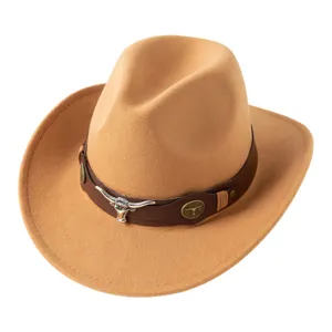 Chapeau de cowboy fedora en feutre de laine rétro pour homme femme avec lanière cuir.