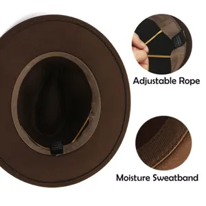 Vista detallada de sombrero de fieltro marrón con cuerda ajustable y banda antisudor absorbente.