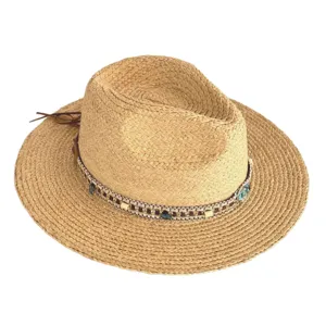 Summer straw hat detail, raffia woven fedora with beaded band for beach vacation sun protection.