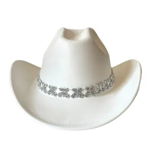 Detailed view of white western cowboy hat featuring sparkling rhinestone butterfly chain trim.