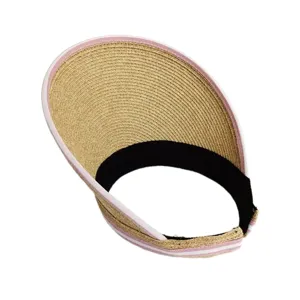 Chapeau visière de paille avec bande rayée rose et blanche et élastique noir pour plage.