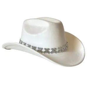 White rhinestone butterfly cowboy hat detail, bridal party costume accessory headwear